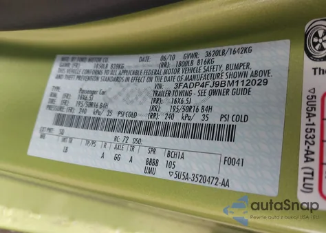 2011 Ford Fiesta Ses z USA, uszkodzony, nr VIN 3FADP4FJ9BM112029